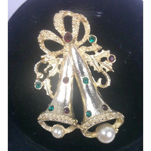 Vintage Double Bell Christmas Gold Tone Brooch Holiday Pin 2 Inch Red Green - Picture 2 of 3